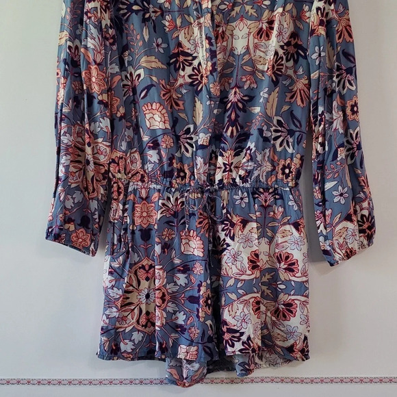 OLD NAVY Romper Floral Blue Small Cinch Waist Long Sleeves Beach Boho Festival - Picture 3 of 12